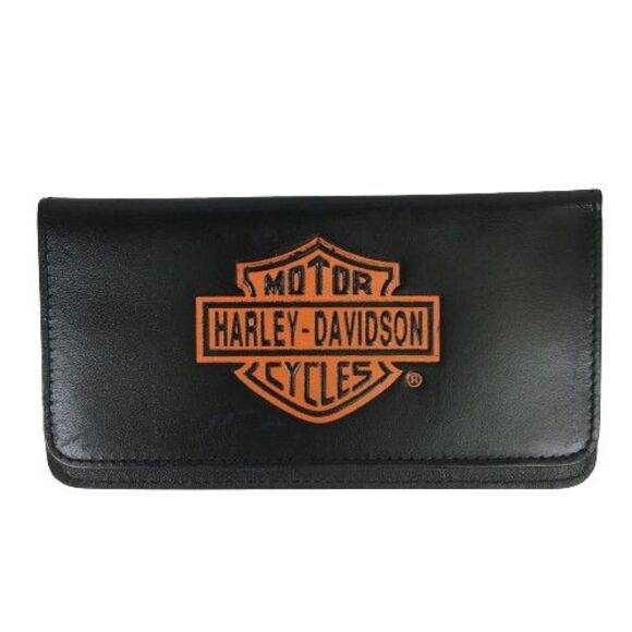Vintage Harley Davidson Checkbook Cover Wallet Black Leather Orange Bar & Shield - Picture 1 of 12